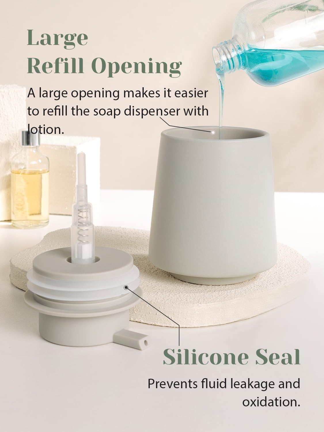 INGOFIN Ceramic Soap Dispenser -14 oz Bathroom Hand Soap Dispenser Liquid Dispenser with Pump Refillable Modern Lotion Dish Dispenser for Kitchen Matte Grey