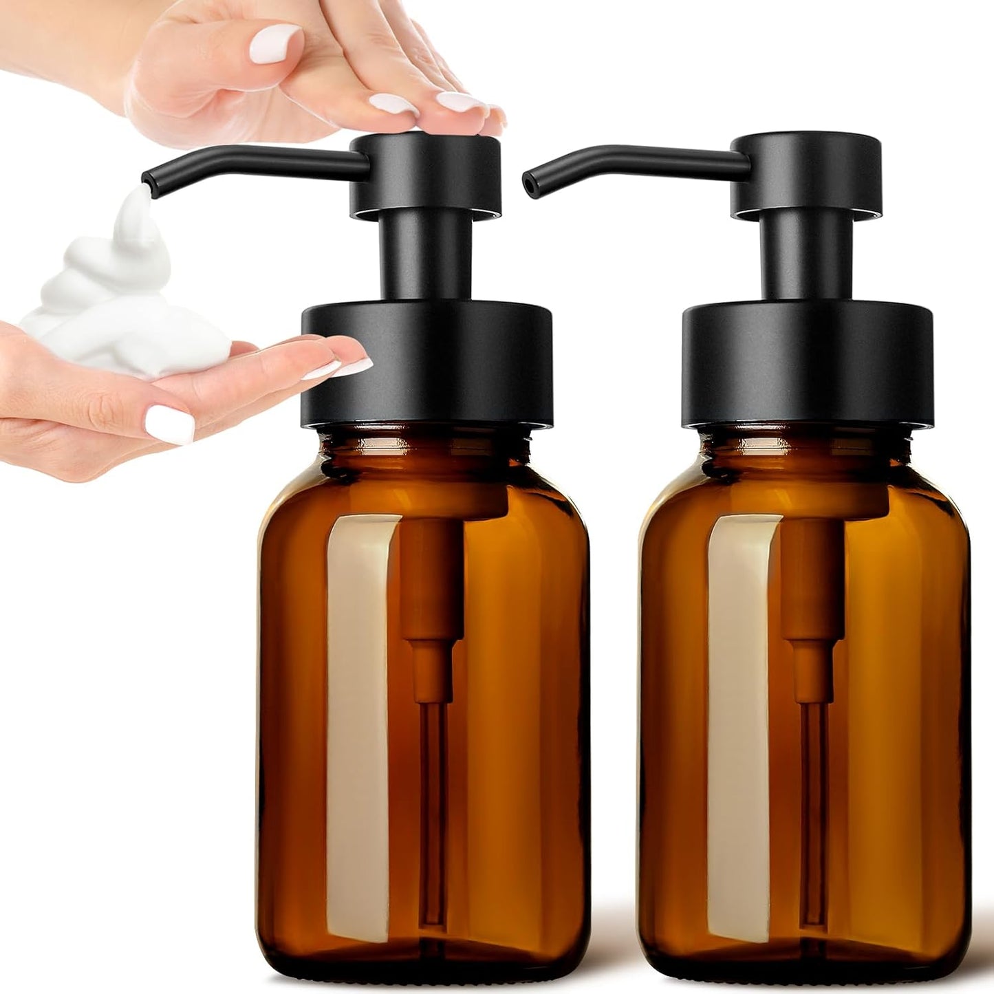 GMISUN Foaming Soap Dispenser, 8.5 fl oz / 250ml Amber Glass Foam Soap Dispenser for Bathroom & Kitchen, 2 Pack Modern Refillable Foaming Hand Soap Dispensers, Foam Pump Bottle with Waterproof Labels
