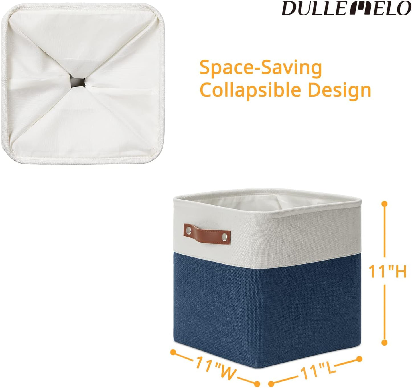 DULLEMELO [Set of 4 Storage Cubes Baskets for Organizing, 11 x 11 x 11 inch Cube Storage Organizer Bins with Leather Handles, Foldable Fabric Cloth Bins for Cube Storage(4 Pack - 11" White&Blue)
