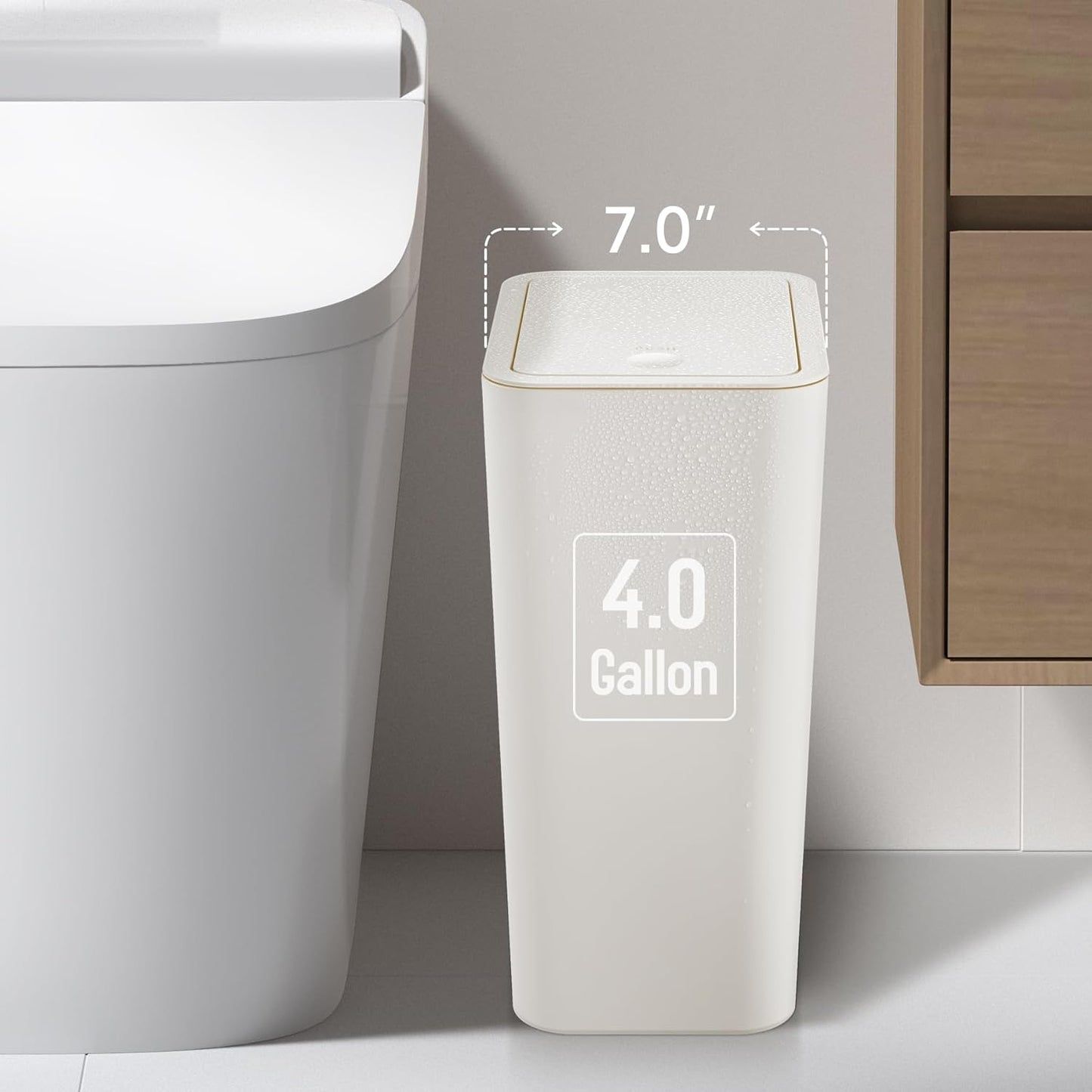 TIPGO Bathroom Trash Can with Lid, 4 Gallon / 15 Liter Small Garbage Can, Press Top Bin, Plastic Wastebasket with Pop-Up Lid for Bedroom, Living Room, Office (White, 2 Pack)