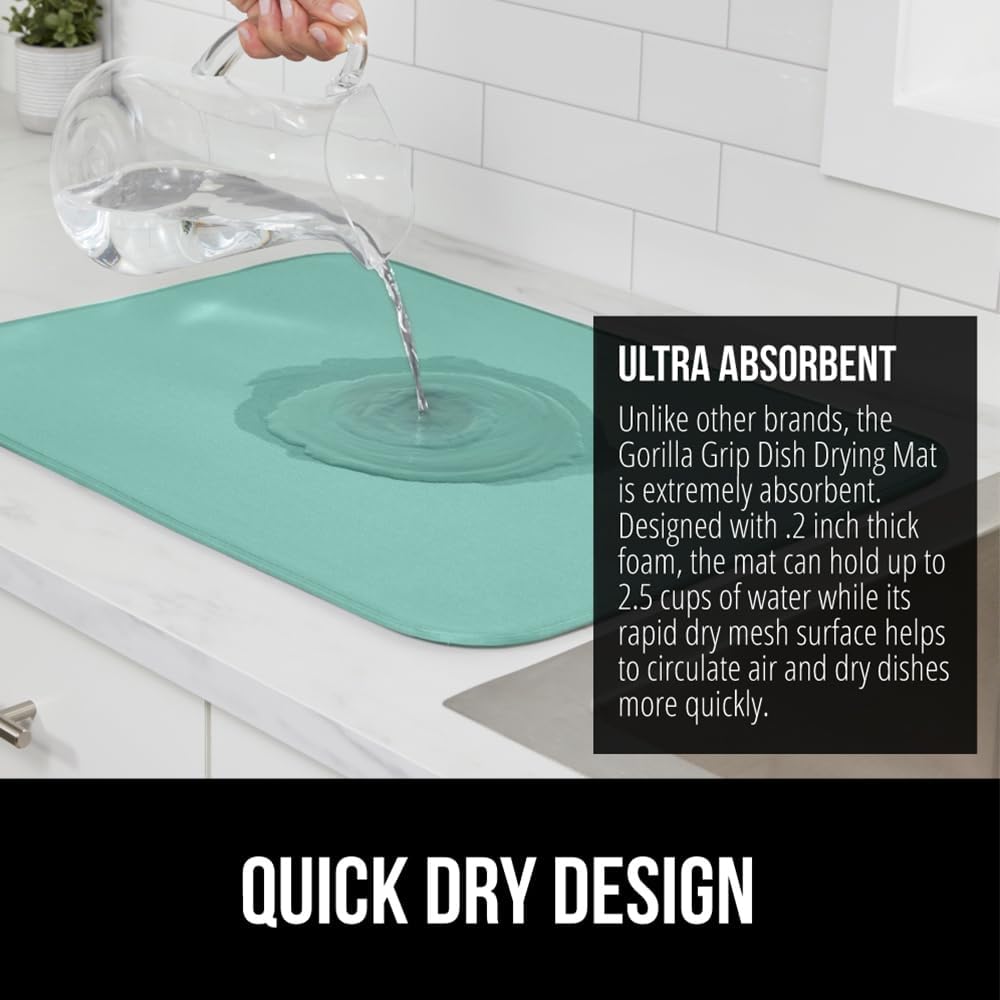 GORILLA GRIP Ultra Water Absorbent Microfiber Dish Drying Mat, Quick Dry Thick Mesh, Slip Resistant Pad for Sink Dishes or Under Rack, Kitchen Counter Accessories, 16x18, Machine Wash Mats, Mint