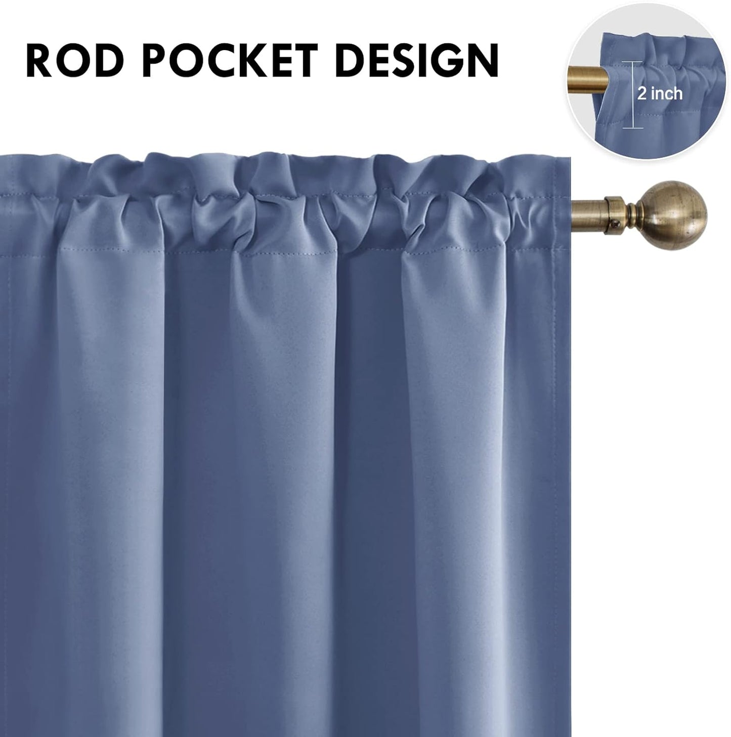DWCN Blackout Curtains – Thermal Insulated, Energy Saving & Noise Reducing Bedroom and Living Room Curtains, Dusty Blue, W 42x L 63 Inch, Set of 2 Rod Pocket Curtain Panels
