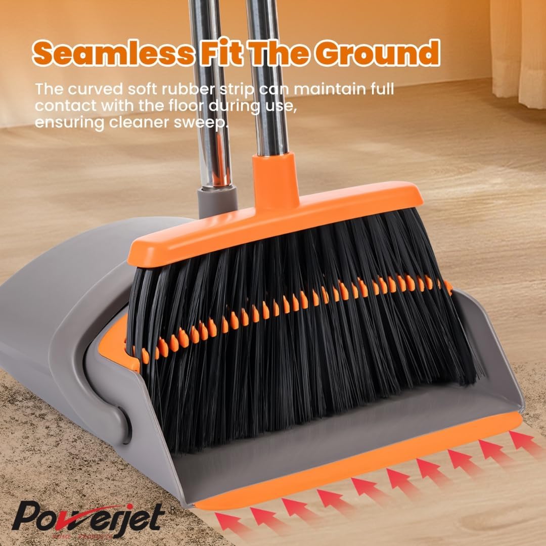 POWERJET Upright Broom & Dustpan Set (420900), Angled Lobby Broom, Exclusive Long Handle Extendable 52”, Self-Cleaning with Dustpan Teeth, Sweeping Indoor & Outdoor Home & Office Cleaning