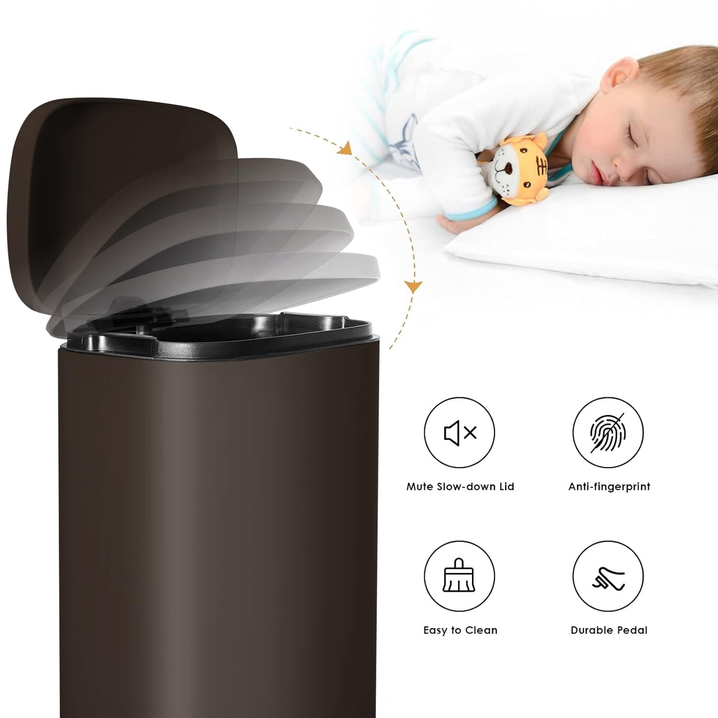 AthLike Trash Can, Stainless Steel Kitchen Garbage Can, Step Waste Bin with Hinged Lid and Removable Inner Bucket, Soft-Close, Dustbin for Bathroom Bedroom Living Room Home (Brown, 8 Gal)