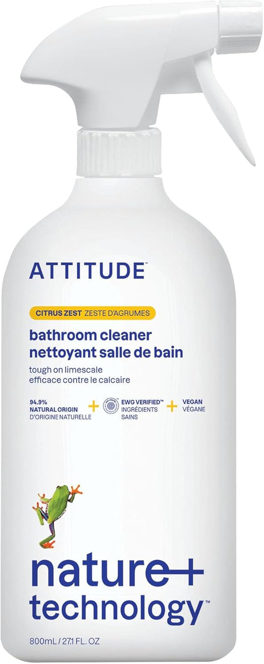 ATTITUDE Bathroom Cleaner Spray, EWG Verified, Plant-Based & Vegan, Safe for Bathroom Surfaces, Tiles, Tubs, Shower Walls, and Grout, Citrus Zest Scent, 27.1 Fl Oz