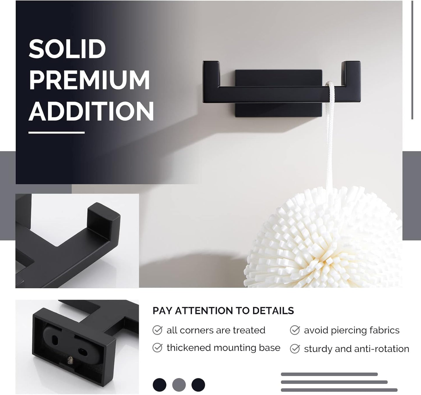 Angle Simple Double Towel Hook Matte Black, Stainless Steel Bathroom Towel Holder, Coat Robe Hook Wall Mount