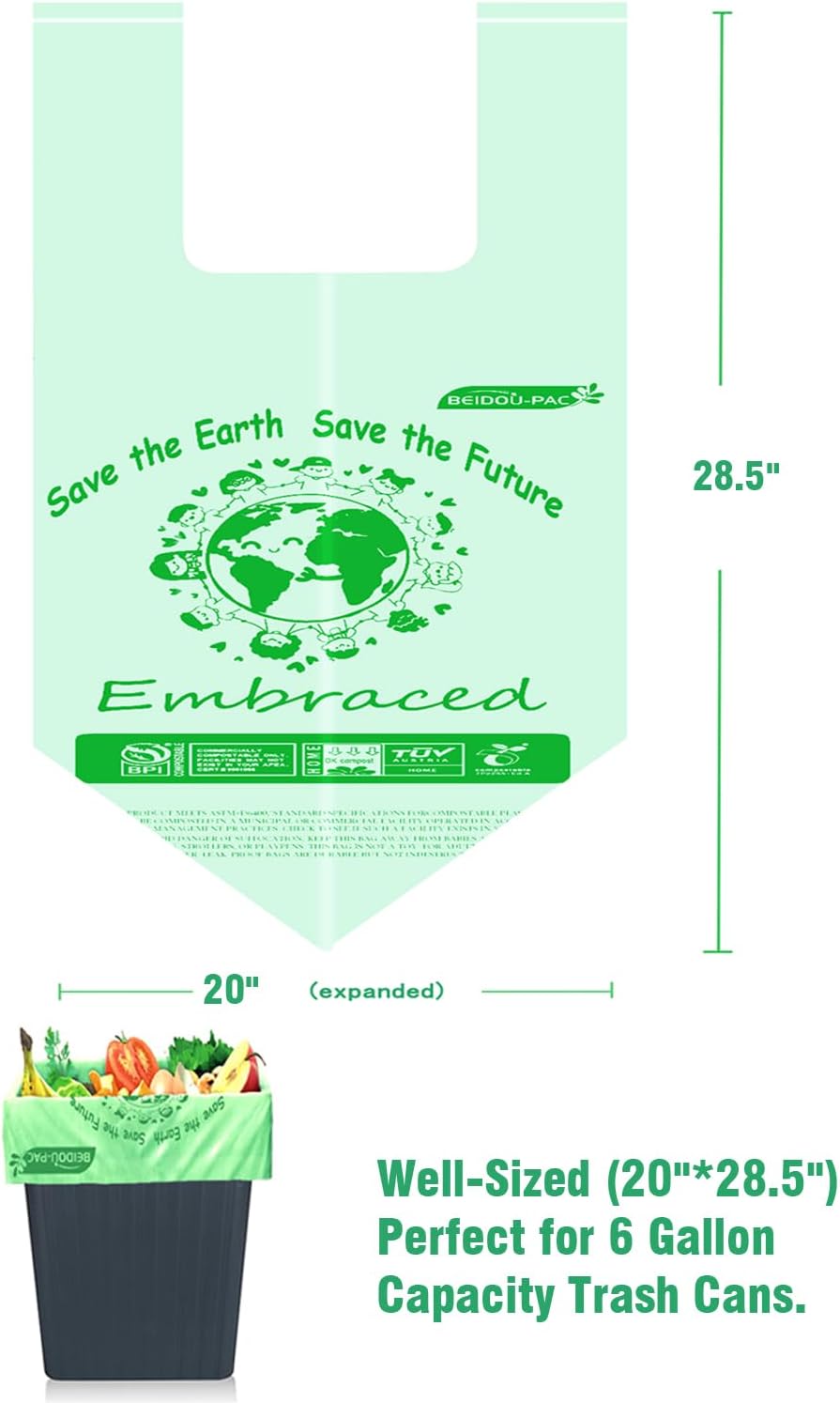 4-6 Gallon Compostable Trash Bags, 75 Count, Kitchen Compost Bags With Handle, Sturdy Biodegradable Garbage for Food Scrap Waste, ASTM D6400, US BPI Certified