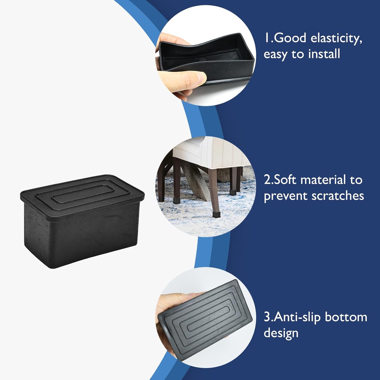 4 Pcs 1" x 2" Rectangular Rubber Chair Leg Caps, PVC Table Leg Covers, Flexible & Anti-Slip Furniture Leg End Caps, Chair Leg Floor Protectors for Bar Stool Leg Patio Indoor, Black