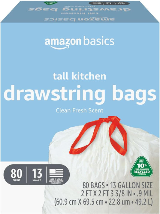 Amazon Basics 13 Gallon Tall Kitchen Drawstring Trash Bags, Clean Fresh Scent, 10% Post Consumer Recycled, 80 count