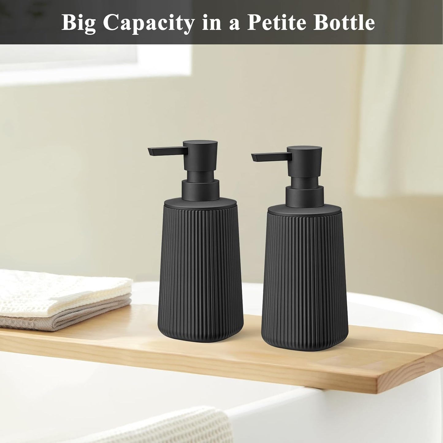 Black 2 Pack Hand Soap Dispensers with No Rust Pump for Bathroom and Kitchen Countertops Refillable Striped Matte Plastic 8.5 oz