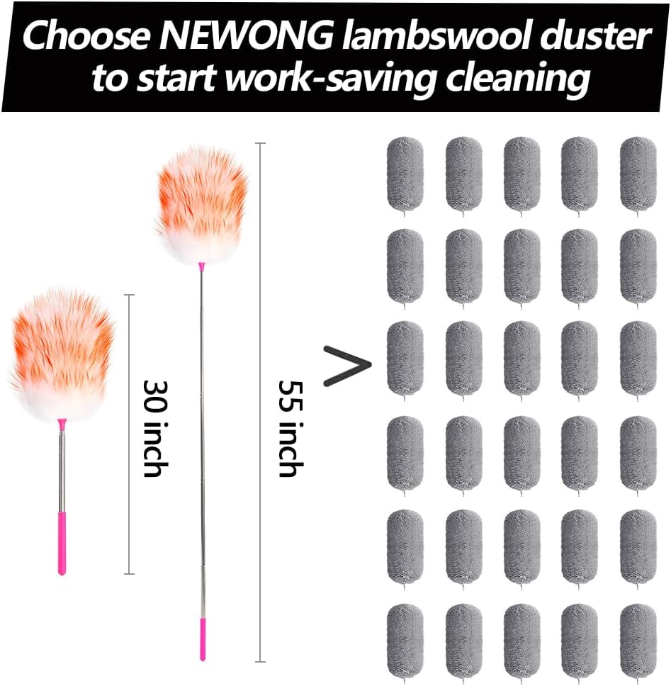 5PCS Extendable Lambswool Duster with 35-55 Inch Adjustable Aluminum Handle,Feather Duster Static Electricity Dust Adsorption, Reusable Cleaning Tool for Home, Car, Office, Ceiling, Furniture