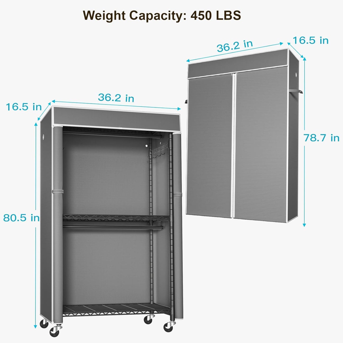 FUTASSI Black Clothing Rack with Dark Gray Cover, P1C Rolling Closets with Wheels, Metal Garment Rack for Hanging Clothes, Clothing Storage Wardrobe, 36.2" W x 16.5" D x 80.5" H, Load 450 Pounds