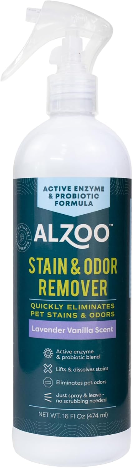 ALZOO Stain & Odor Remover, Quickly Lifts & Dissolves Pet Stains & Helps Eliminate Odors, 100% Plant-Based Active Ingredients, Lavender Vanilla Scent, 16 Fl. Oz Spray Bottle