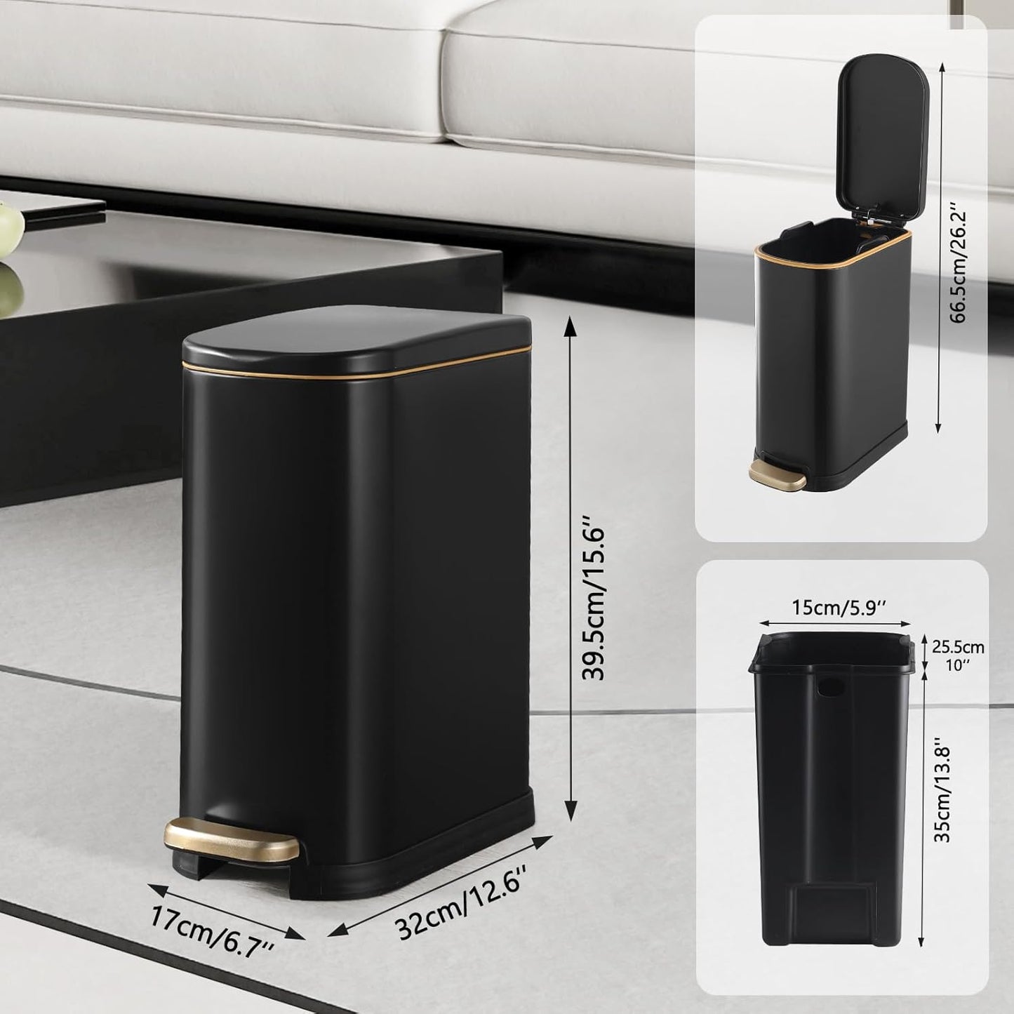 Bathroom Trash Can with Soft-Close Lid 3.5 Gallon Stainless Steel Garbage Can with Removable Inner Bucket Slim Trash Bins for Bedroom, Office (Matte Black)