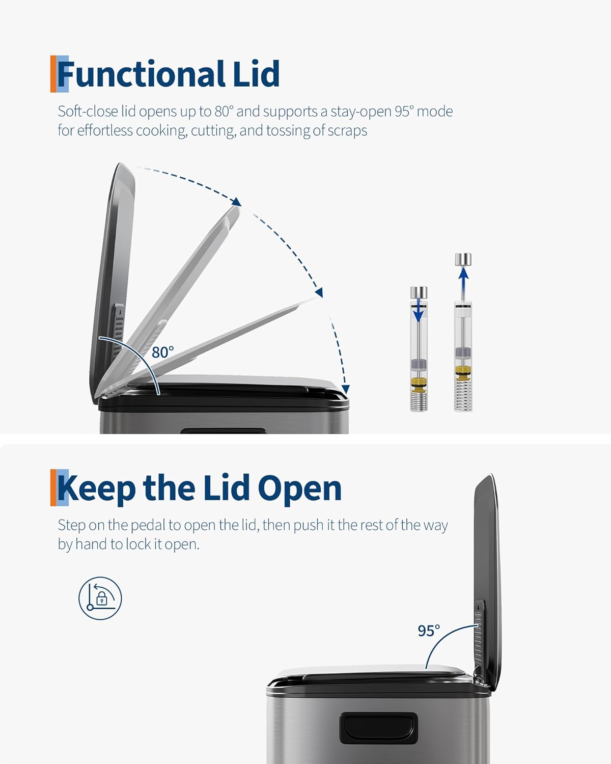 GarveeHome 2 x 8 gal Stainless Steel Double Trash Can with Lid for Kitchen, Large Dual Trash and Recycle Bin Combo, Step-on Kitchen Metal Garbage Cans, PP Inner Buckets, Liner Rim, Matte Grey