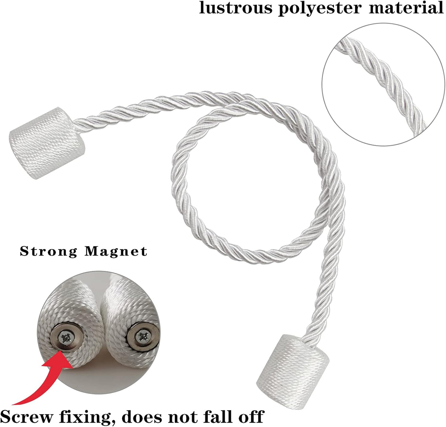 4 Pack White Strong Magnetic Curtain Tiebacks Outdoor Elegant Decorative Tie Backs Modern Rope Tiebacks for Drapes Window Curtain Holdbacks for Draperies