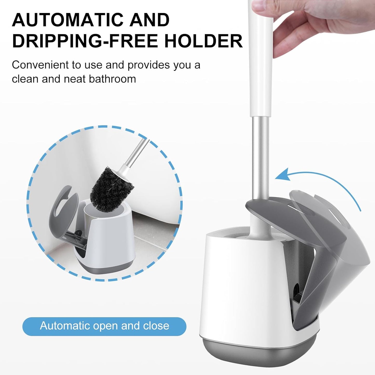 SetSail Toilet Brush and Holder, Self Closing Lid Toilet Bowl Brushes Holder and Extra Long Handle Ventilated Toilet Brush Set for Bathroom Cleaning, Nylon Bristles, White & Grey