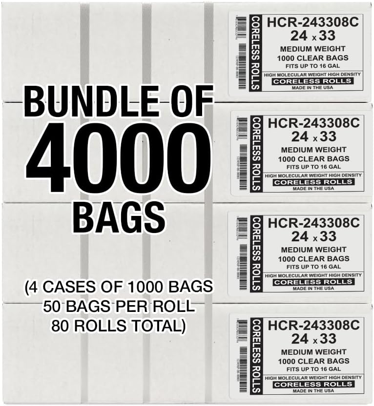 Aluf Plastics High Density Trash Bags, 16 Gallon, 4000 Count, 8 Micron (eq), 24" x 33", Clear, for Bathroom, Office, Industrial, Commercial, Janitorial, Municipal, Recycling