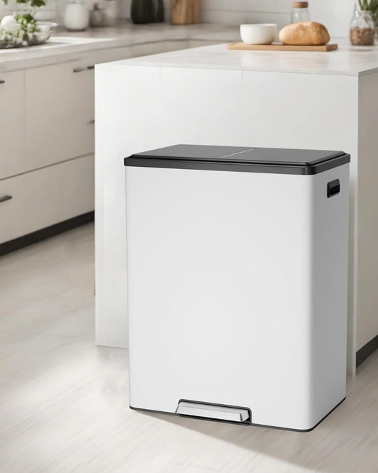 Garvee Dual Trash Can for Recycling and Trash, 2 x 30 L (60 L) Stainless Steel Kitchen Trash Can with Lid and Foot Pedal, Double Compartment Garbage Can, with Recycling Bin, 2 x 8 Gallon