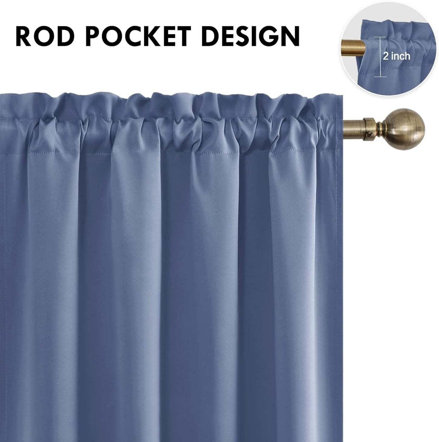 DWCN Blackout Curtains for Living Room Thermal Insulated, Energy Saving & Noise Reducing Bedroom Curtains, Dusty Blue, W 52x L 36 Inch, Set of 2 Rod Pocket Curtain Panels