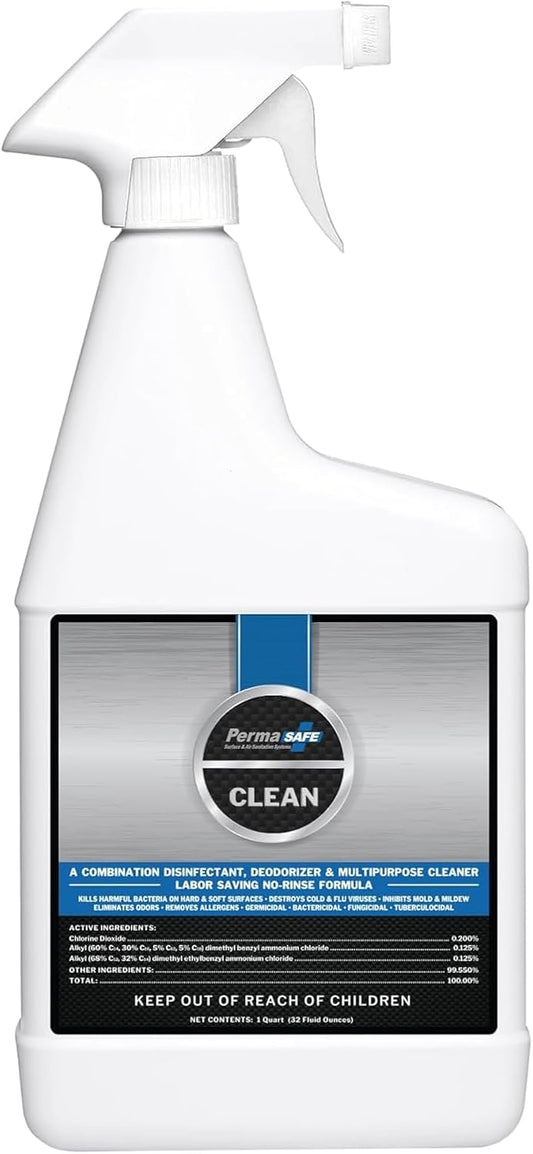 PermaSafe CLEAN, All-Purpose Hospital Disinfectant Cleaner; No Rinse, Hard, Soft & Food Contact Surface Sanitizer; Mold, Mildew and Fungi Killer; Odor Eliminator; Allergen Remover & More (32 Fl Oz)