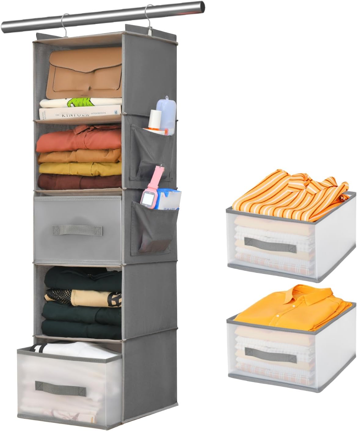 5-Tier Hanging Organizer for Closet, Fabric Closet Organizer with 2 Hooks, 2 Pull-Out Drawers, Foldable Space-Saving Storage (Gray)