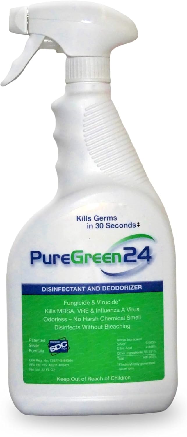 PureGreen24 Safe & Effective Disinfectant. Kills Deadly Germs including RSV COVID-19 Norovirus MRSA Staph 2025 flu Bird flu Contains no toxic chemicals odorless child & pet safe 1 32oz