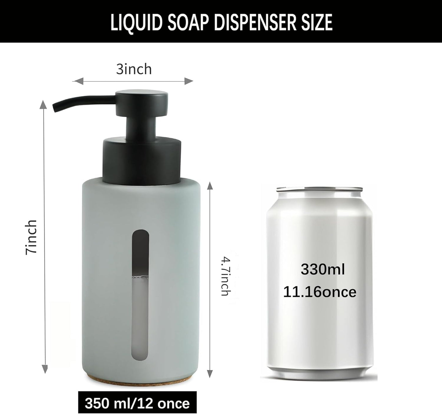 Enra Glass Dish Soap Dispenser with Window,12oz Light Gray Soap Dispenser with Stainless Steel Hand Lotion Pump,Refillable Bathroom Soap Dispenser for Bathroom Kitchen(Light Gray/Liquid Type)