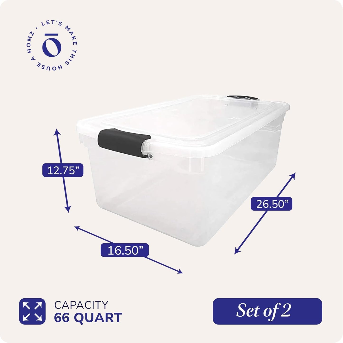 HOMZ 2-Pack Latching Lid, Large Clear Plastic Storage Bins with Lids, 66 Quart, Gray Latch - Stackable Container Boxes for Home, Bathroom, and Office Organization