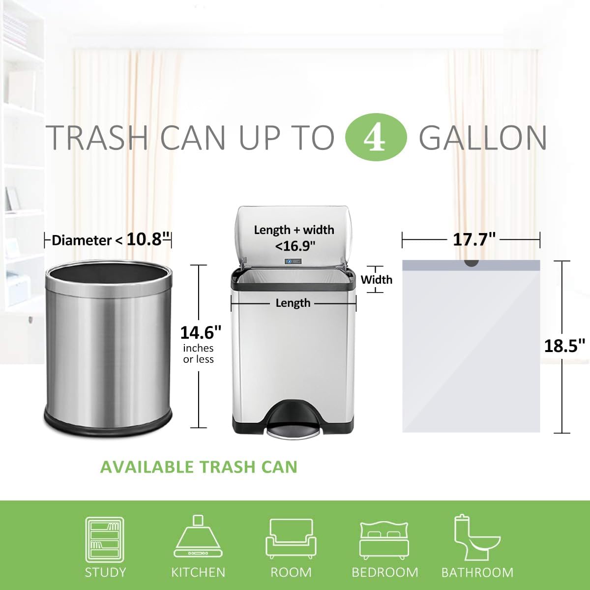 4 Gallon 320 Counts Strong Drawstring Trash Bags Garbage Bags by Teivio, Bathroom Trash Can Bin Liners, Small Plastic Bags for home kitchen office, White