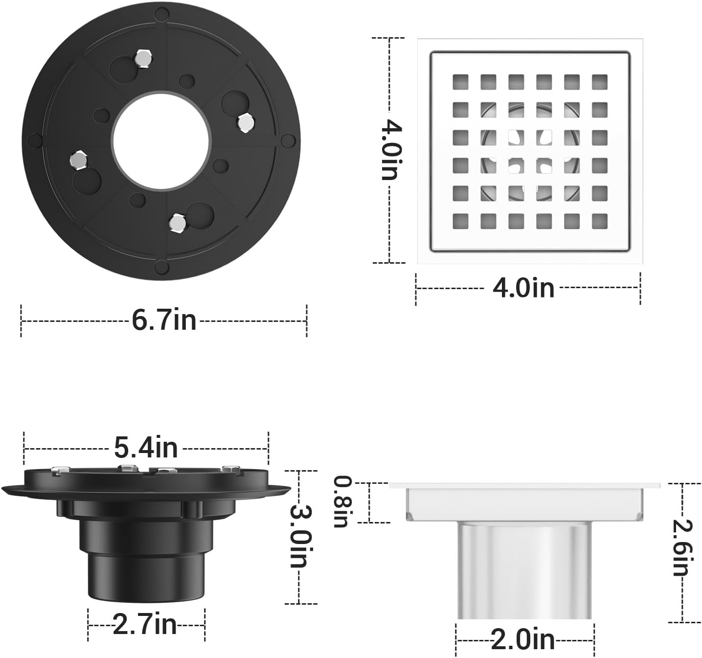 4-3/8 Inch Square Shower Drain Chrome, Bathroom Floor Drain, Stainless Steel Drain Kit with ABS Flange, Removable Grid Cover, Hair Strainer