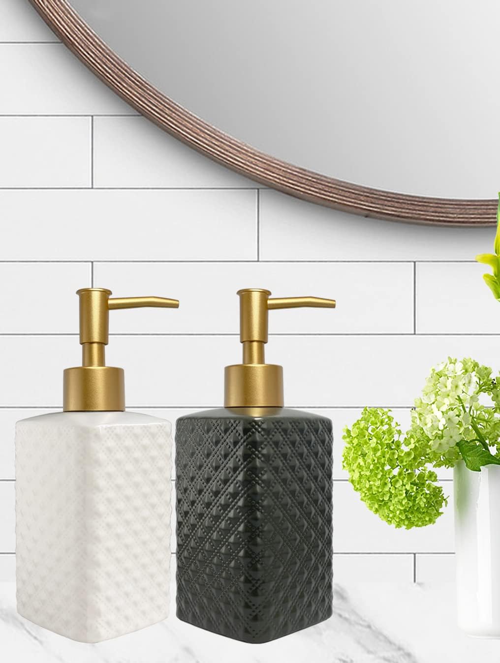 Chic Unique White Soap Dispenser for Bathroom with Golden Pump,Lotion Dispenser, Refillable Countertop Ceramic Hand Dispenser,Dish Dispenser for Kitchen 350ml(White Square Bottle)