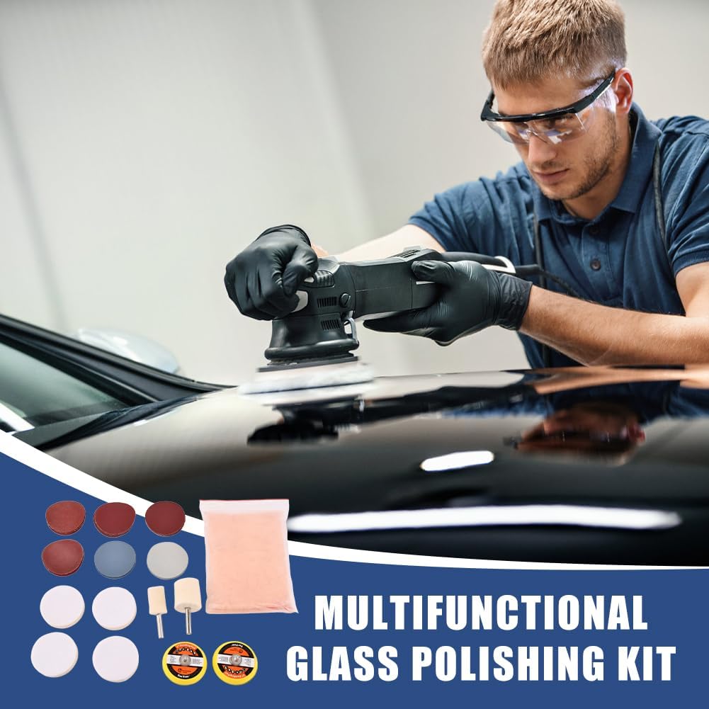 EMVANV Glass Polishing Kit, 39Pcs/Set Glass Scratch Remover, Deep Scratch Window Repair Tool, Window Windscreen Scratch Repair Kit with Cerium Oxide Polishing Powder Polishing Pad and Wheel