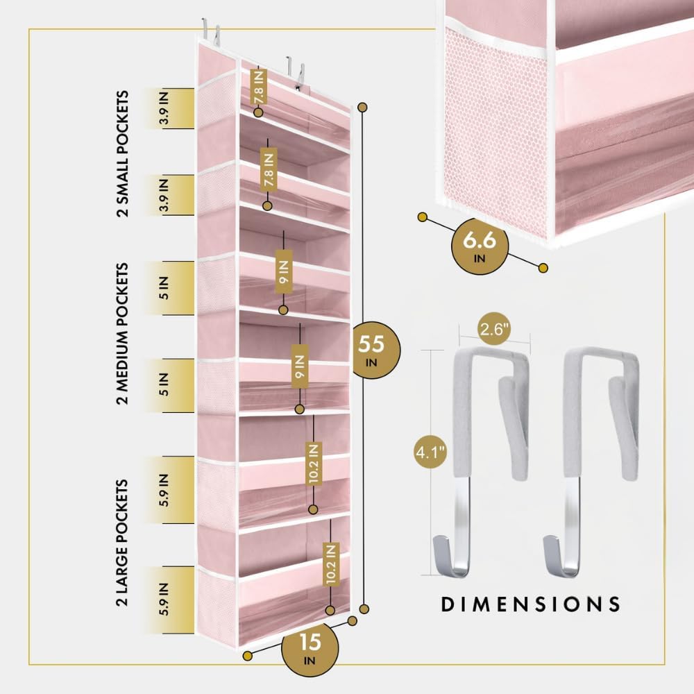 HOMELUX THEORY 1 PC Heavy Duty Over the Door Organizer 55x14x6.7, 6 Large Front & 12 Side Pockets, Hanging Storage Closet Door Organizer for Bedroom, Bathroom and Baby Nursery Storage (Baby Pink)