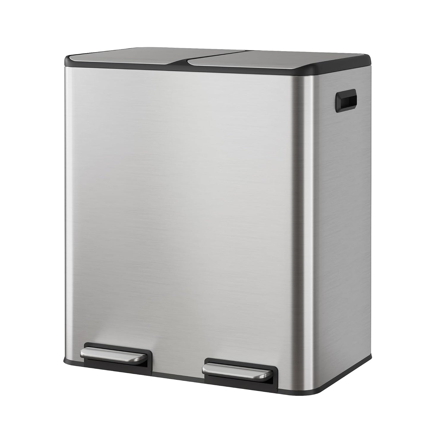 WLIVE 2 x 8 Gallon / 2 x 30 Liter Dual Trash Can, Stainless Steel Double Compartment Classified Kitchen Trash Can, with Plastic Inner Buckets, Handles, Soft-Close Lid, Deodorizing Filter Box, Silver.