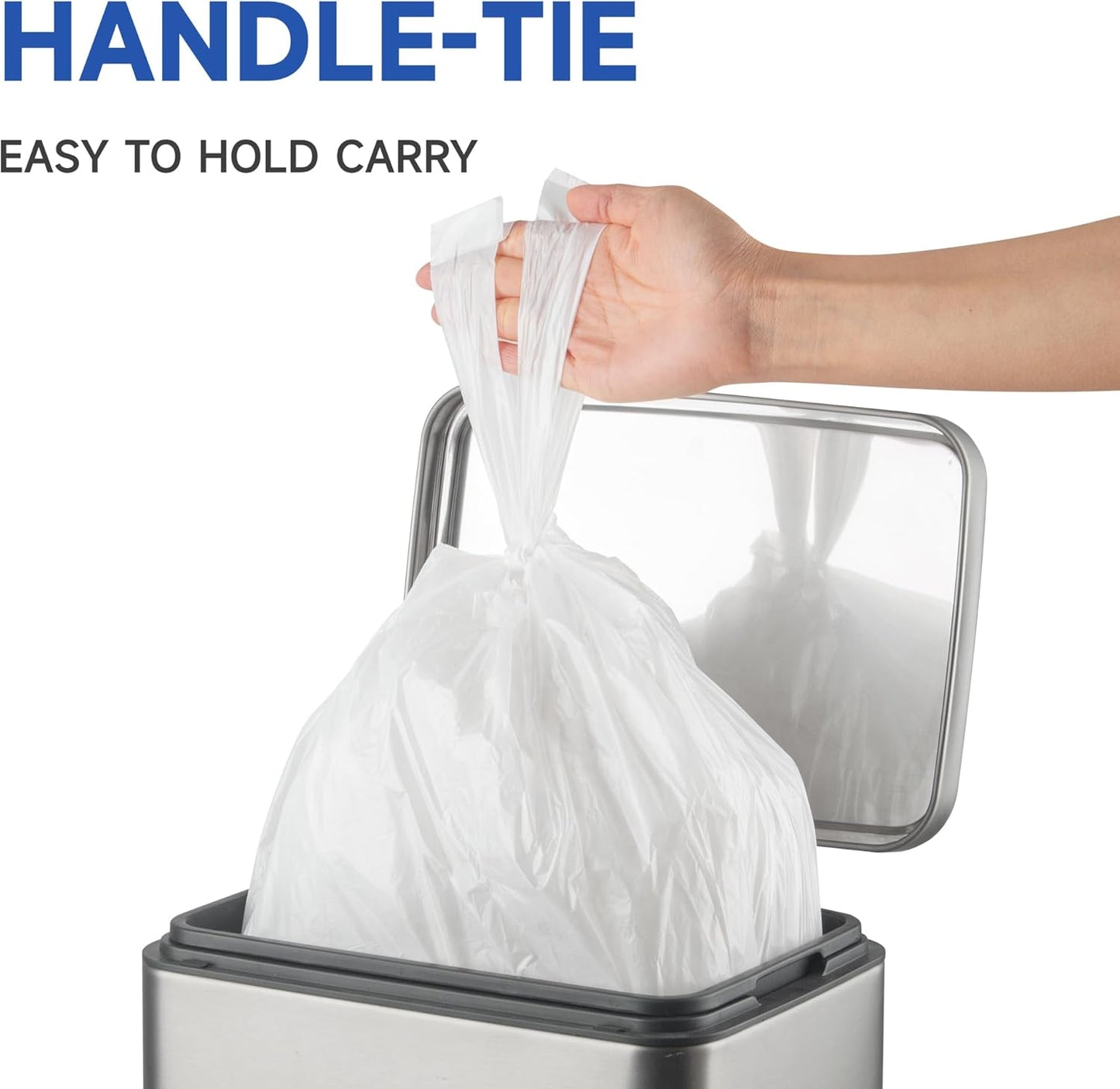 Small Trash Bags with Handles 2 Gallon 50 Count White - Ocean Plastic Upcycling - Plastic Garbage Bags, Can Bin & Waste Basket Liner for Kitchen, Bathroom, Office and Pets
