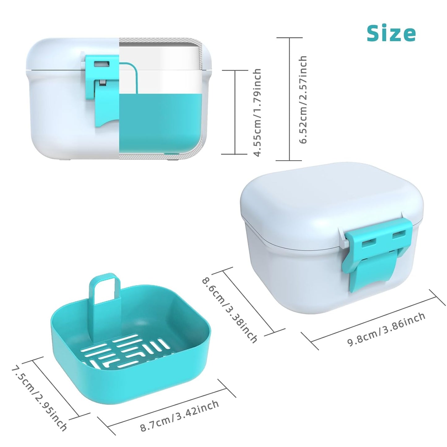 ARGOMAX Leak Proof Denture Bath Cup, Portable Soaking Denture Box, Denture Bath Case with Strainer, for Dentures and Braces (White + Cyan).
