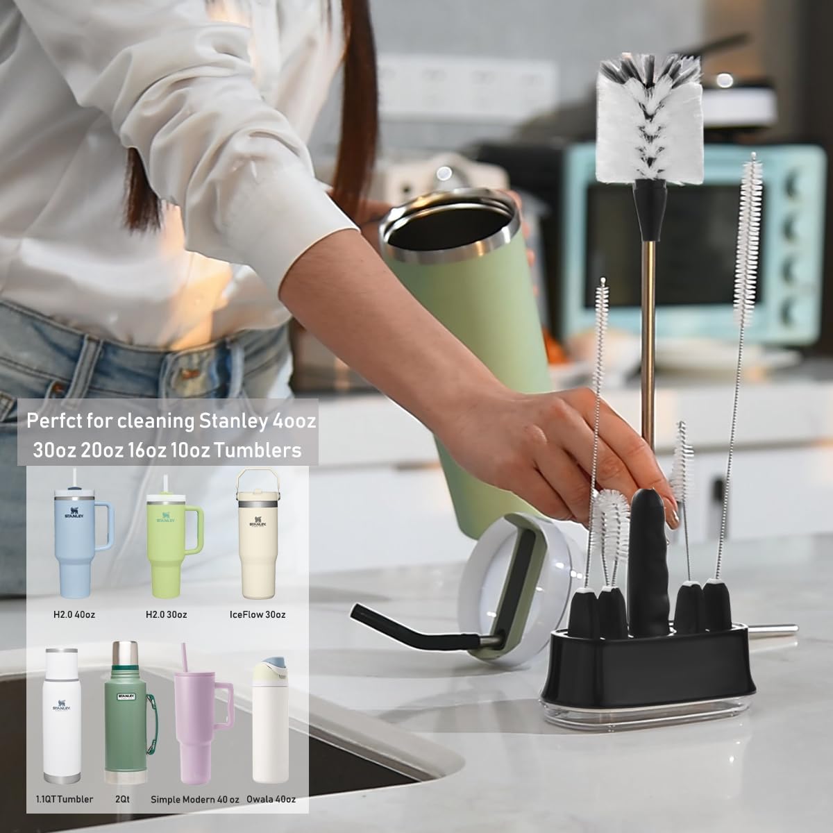 ALINK 5 Pack Water Bottle Brush Cleaning Set with Holder, Bottle Cleaner with Stand, Straw Nipple Lid Brush for Stanley 40OZ/30OZ Tumblers, Drinking Glass, Baby Bottles, Jugs - Black