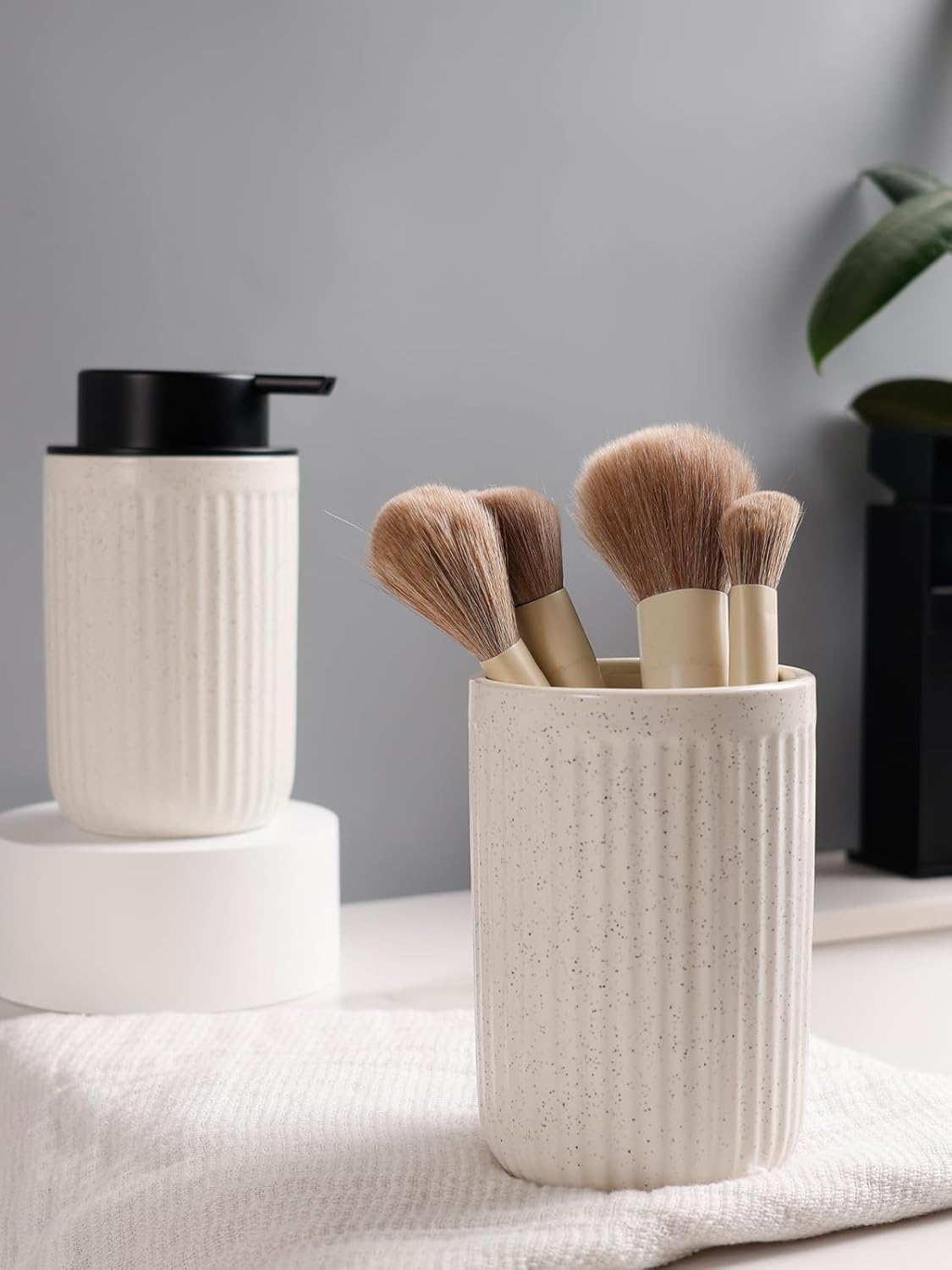 Bosilunlife Soap Dispenser and Toothbrush Holder Set - Dish Hand Soap Dispenser Bathroom Set Ceramic Bathroom Counter Soap Toothbrush Holder Set Beige Bathroom Accessories Set