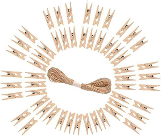 DurReus 50PCS 1.4inch Small Natural Wooden Clothespins for Pictures with Jute Twine Paper Peg Clips Photo Holders Hanging Crafts Home Wall Decor