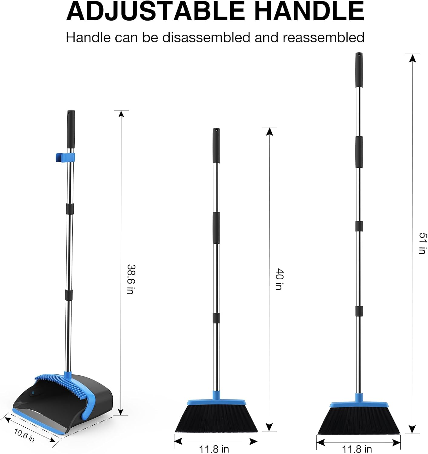 NACENA Broom and Dustpan Set, 52-in Long Adjustable Handle Broom Dustpan Combo with Dustpan Teeth to Automatically Clean Hair Suitable for Home Kitchen Office Hall Floor（Black&Blue）