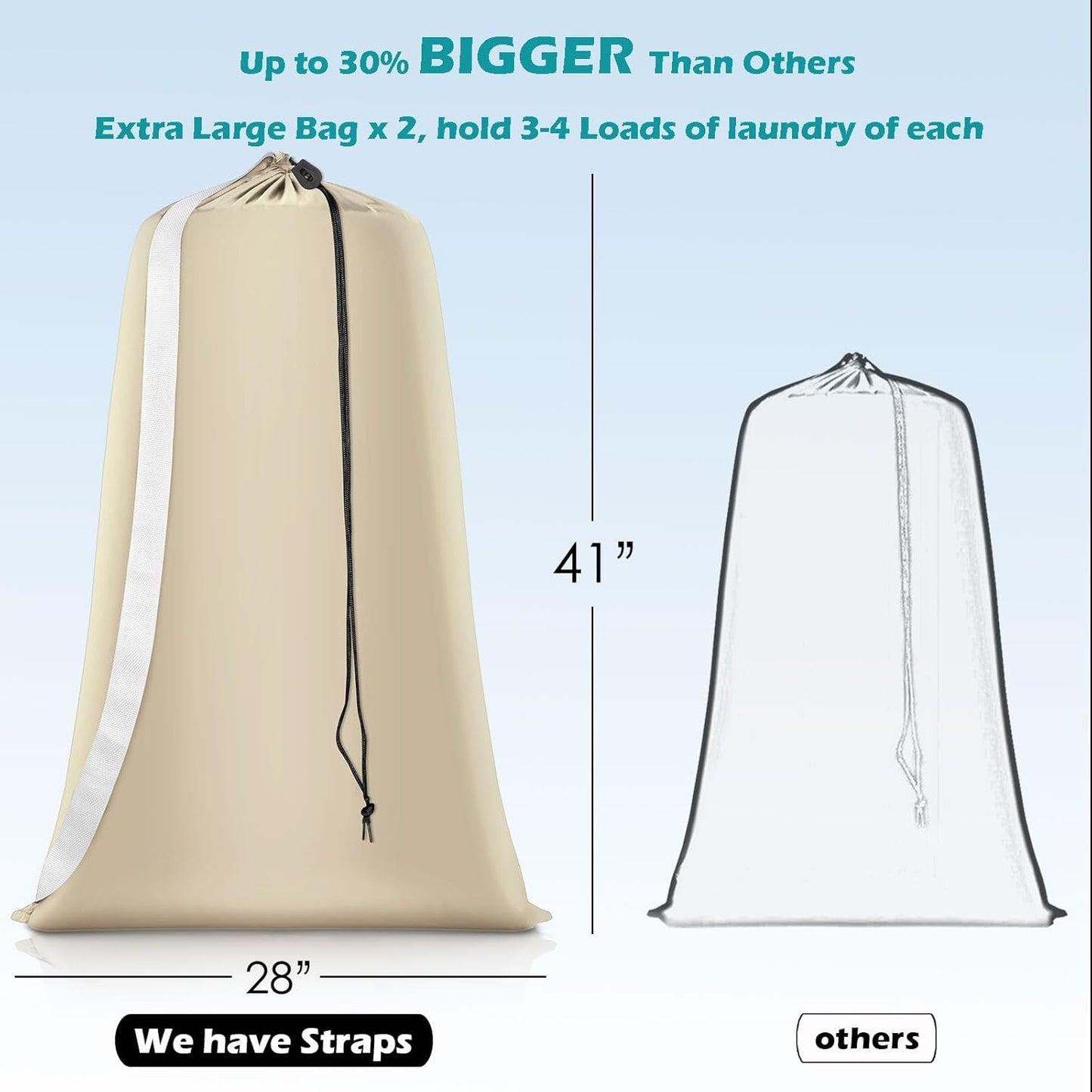 Heavy Duty Laundry Bag 2 Pack XL Nylon Laundry Bags with Straps, Washable Large Dirty Clothes Organizer with Drawstring Closure, Travel Washing Bag Fit a Laundry Hamper or Basket