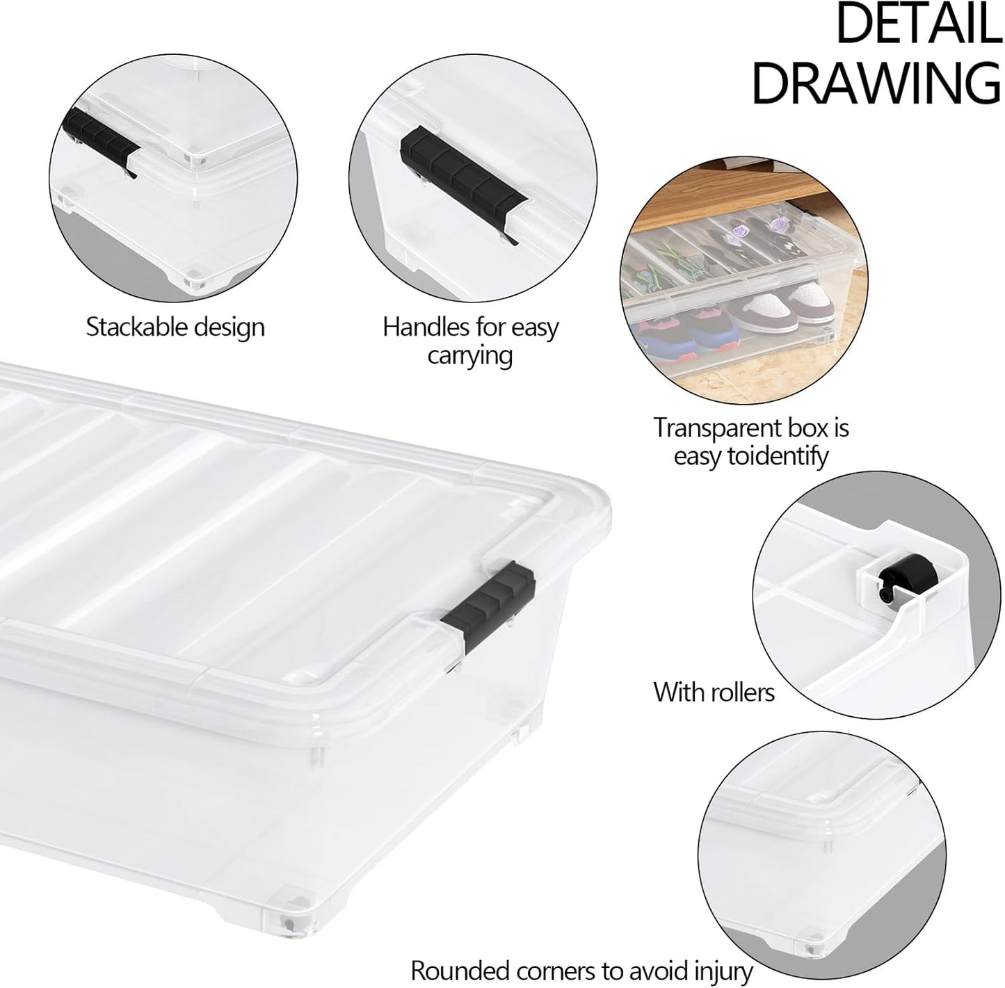 50 Quart Plastic Under Bed Storage Boxes, Clear Under Bed Storage Containers with Wheels, 3-Pack