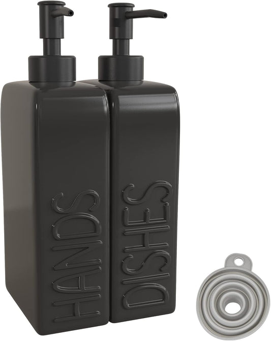 Ceramic Soap Dispenser Set, 2 Pack Kitchen Dispenser with Funnel, Non-Slip Silicone Pads, Liquid Hand and Dish Soap for Kitchen, Bathroom, Matte Black