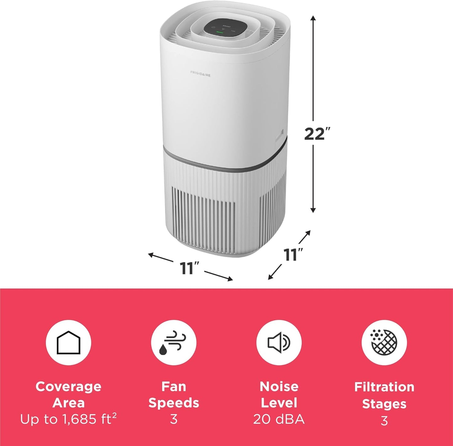 Frigidaire PureA300 XL HEPA Air Purifier with Wi-Fi for Large Rooms, Covers up to 1,685 Sq. Ft., 3-Stage Filtration, Energy Star Certification, Air Quality Monitoring, Smart Mode, Ultra Quiet, White