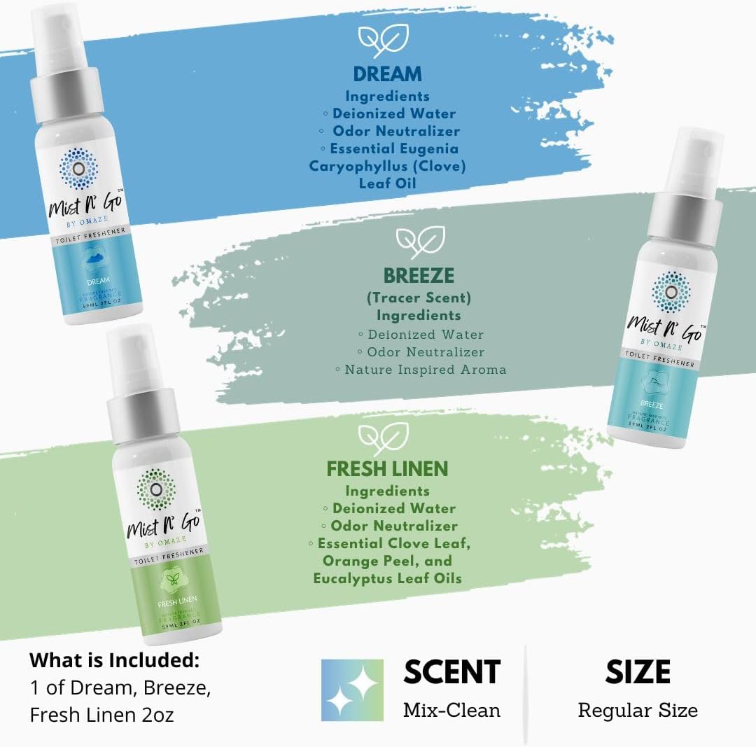 Mist N' Go by Omaze Travel Toilet Odor Eliminator - Toilet Spray for Bathroom Air Freshener - Clean Mix, Regular Size (2oz x3)