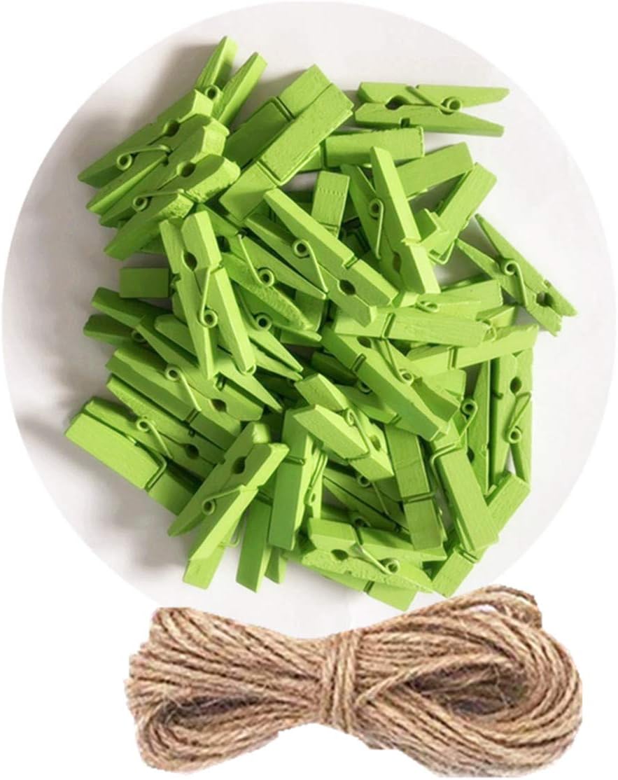 DurReus Wooden Clothespin Ornaments Cute Mini Strong Clothes Pin Hanging Pictures Crafts Arts Birthday with Twine Pack 50 Light Green