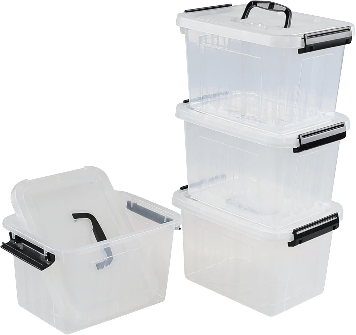 4 Packs Plastic Stackable Storage Container Bin with Lid and Latch, Plastic Latching Box with Handle, 5 L