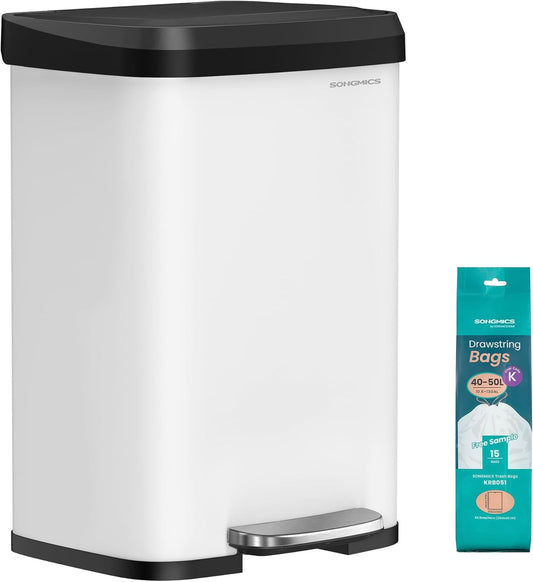 SONGMICS Kitchen Trash Can, 13 Gallon (50 L) Stainless Steel Garbage Can, with Stay-Open Lid and Step-on Pedal, Soft Closure, Tall, Large and Space-Saving, White and Black ULTB530W50