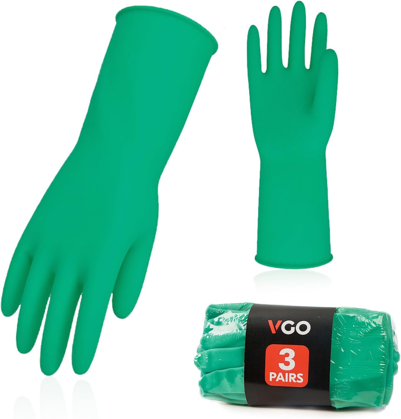 Vgo... 3-Pairs Reusable Household Gloves, Rubber Dishwashing gloves, Extra Thickness, Long Sleeves, Kitchen Cleaning, Working, Painting, Gardening, Pet Care (Size S, Green, HH4601)
